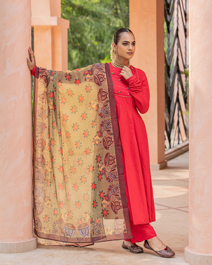 Red & Green Kalamkari Suit Set