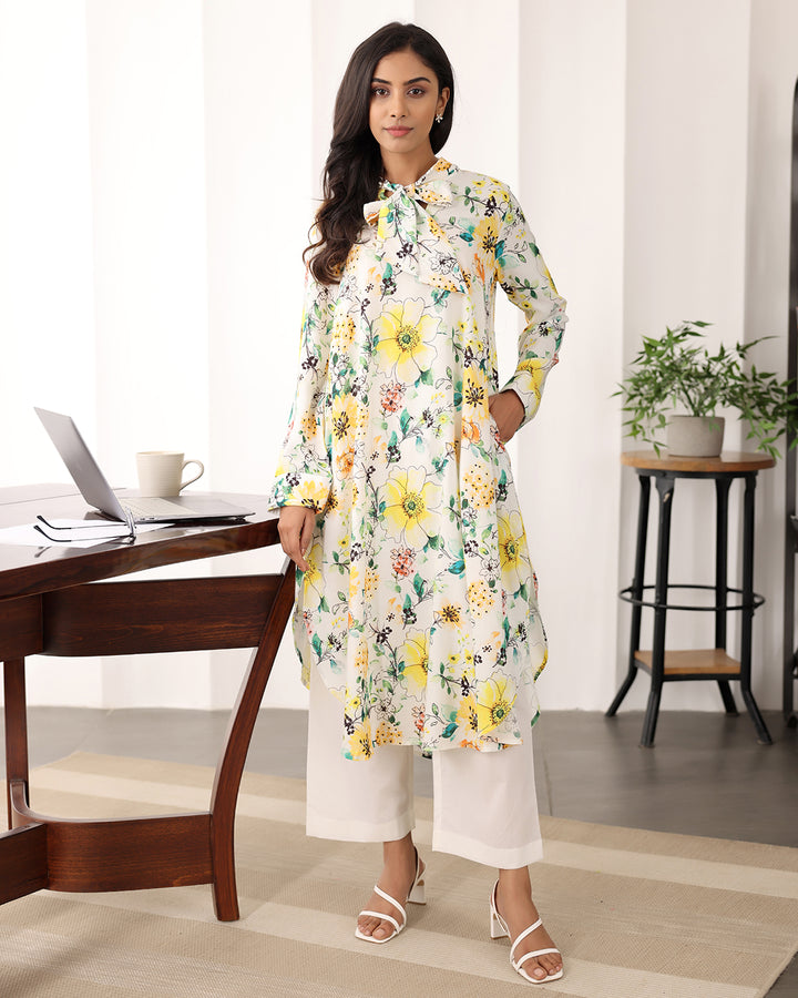 TIE-UP NECK FLORAL PRINTED KURTA SET