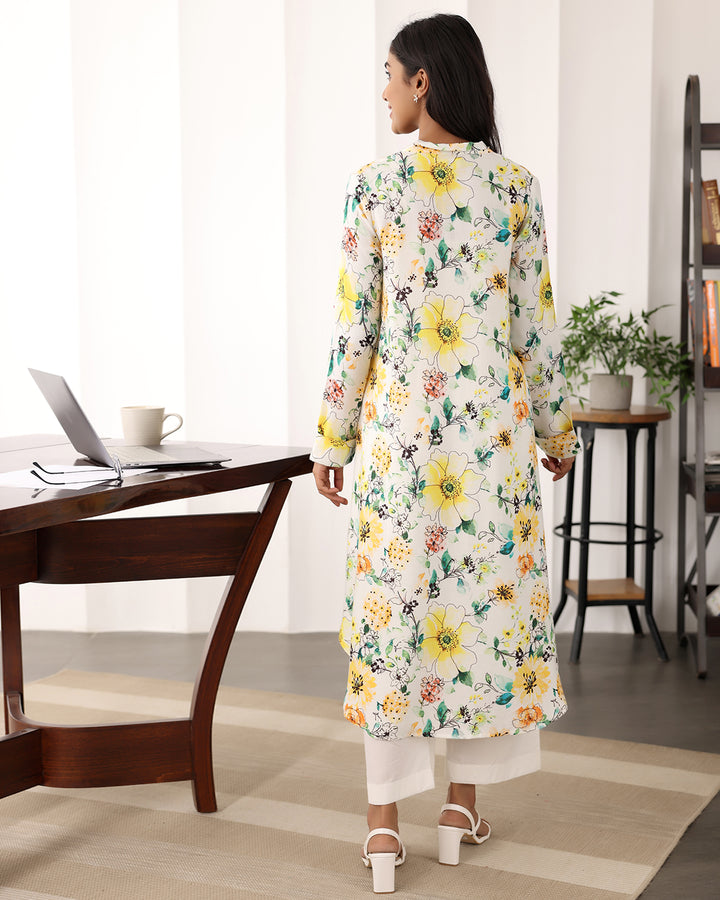 TIE-UP NECK FLORAL PRINTED KURTA SET