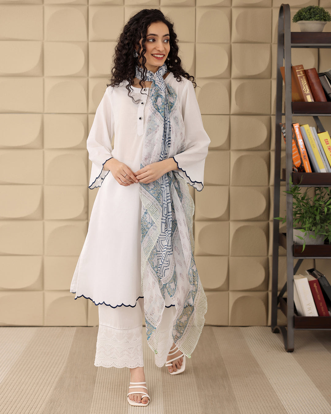 WHITE COTTON KURTA-DUPATTA SET