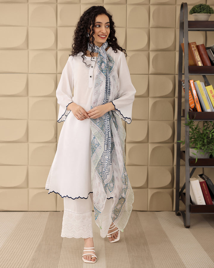 WHITE COTTON KURTA-DUPATTA SET