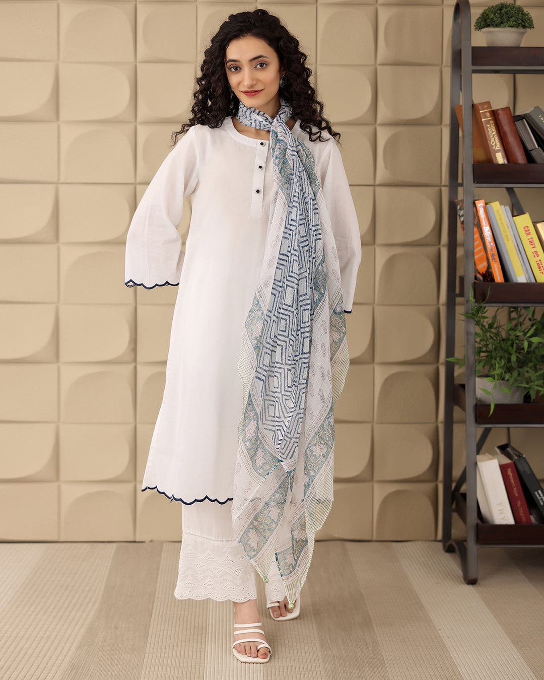 WHITE COTTON KURTA-DUPATTA SET
