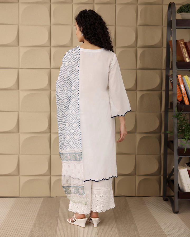 WHITE COTTON KURTA-DUPATTA SET