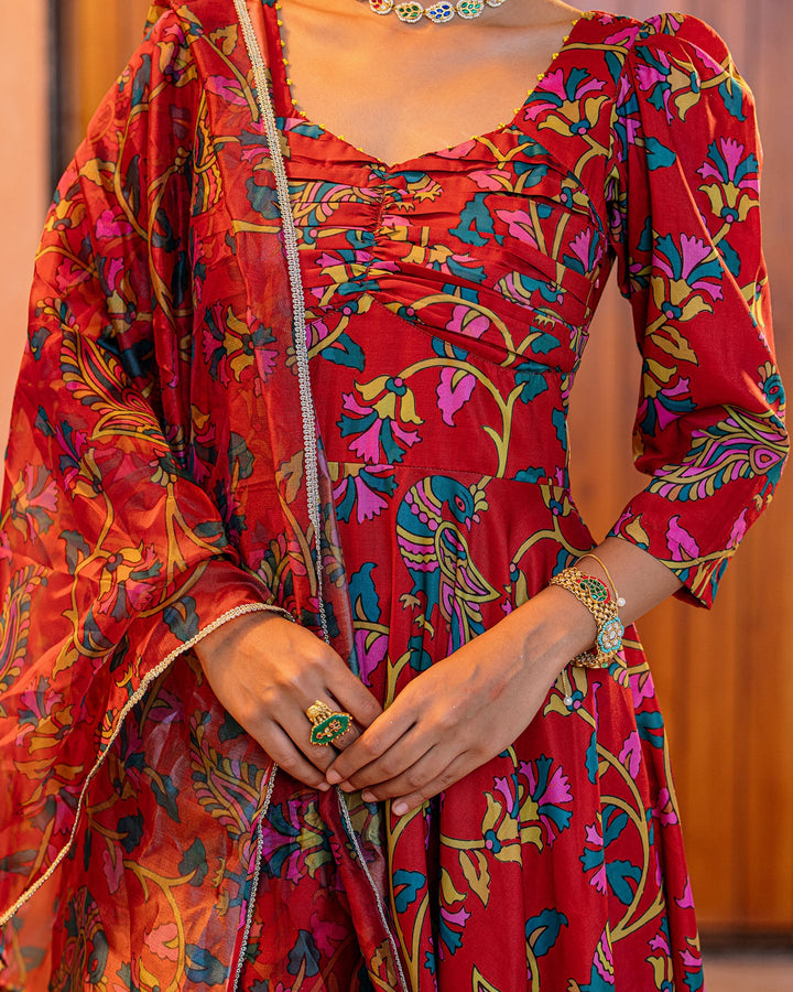 Red Floral Muslin Suit Set