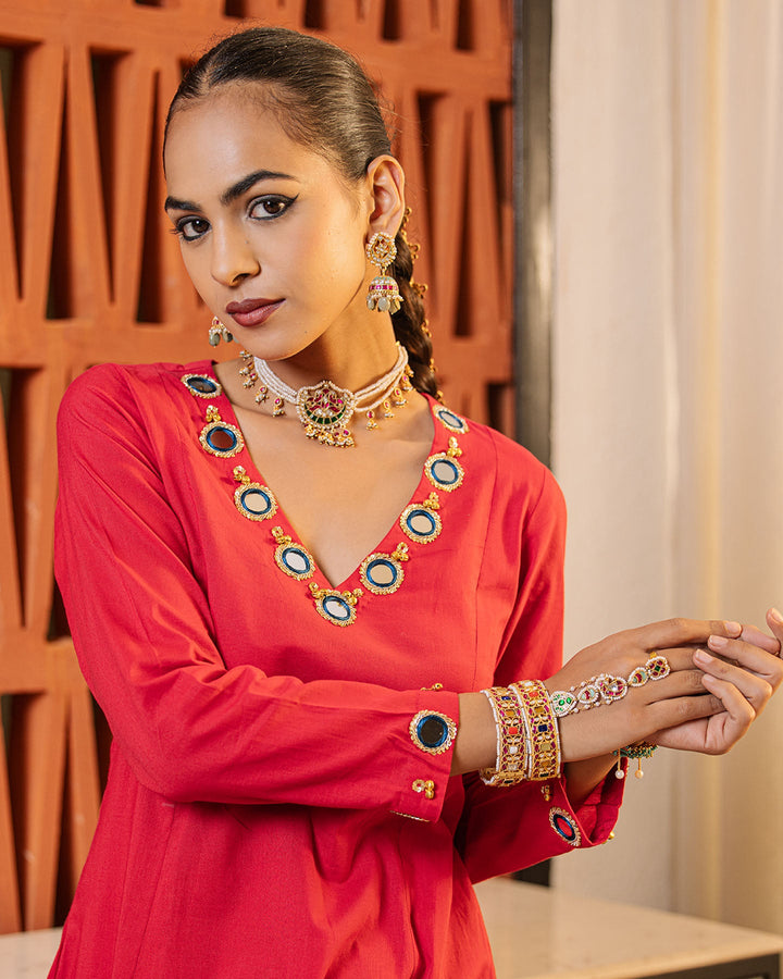 Vibrant Red Mirror Work Kurta Set