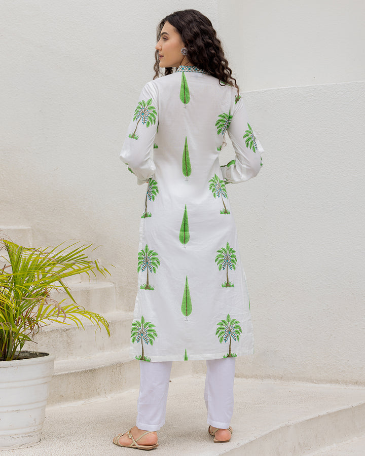 White Green Handblock kurta set