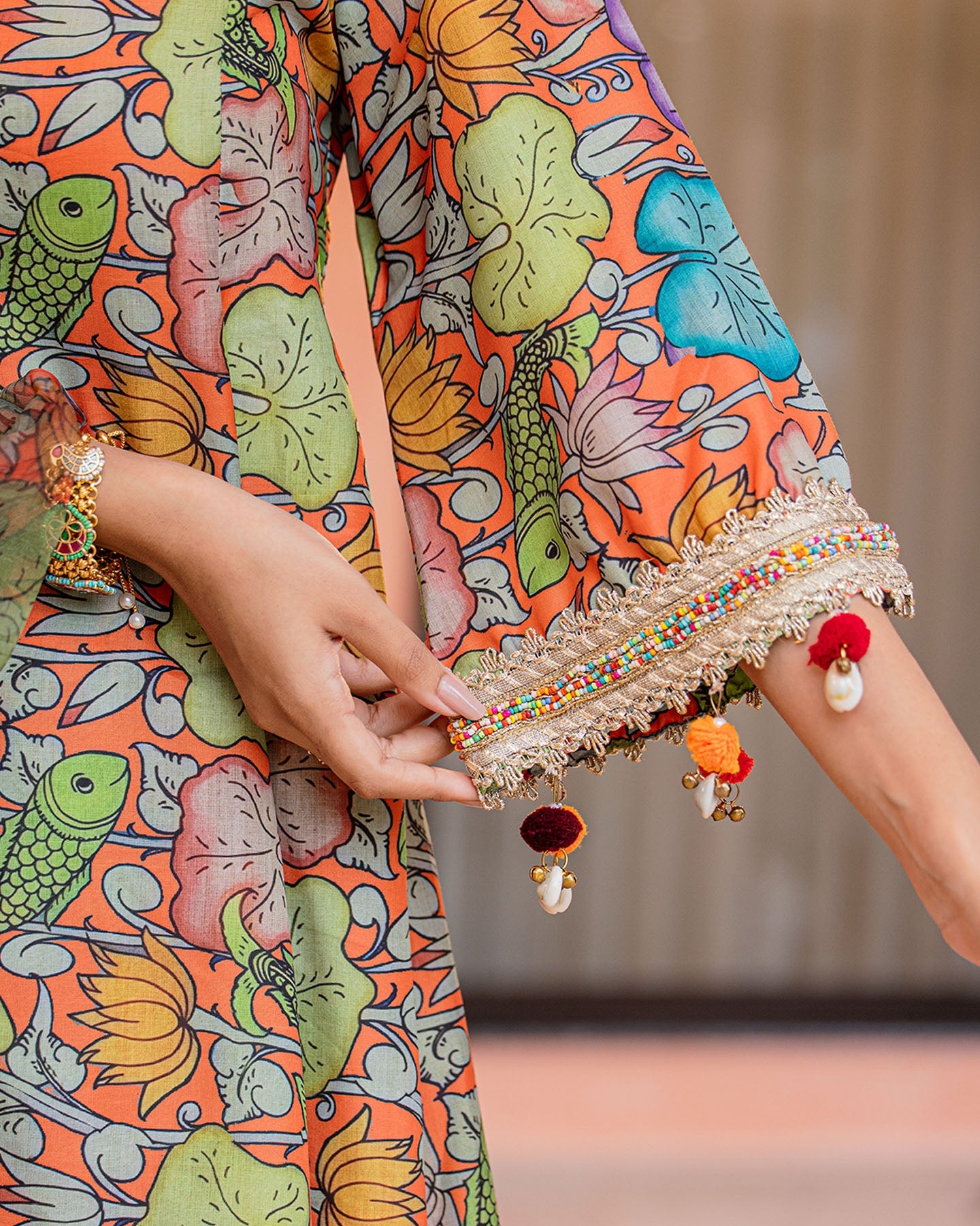 Orange Floral Muslin Suit Set