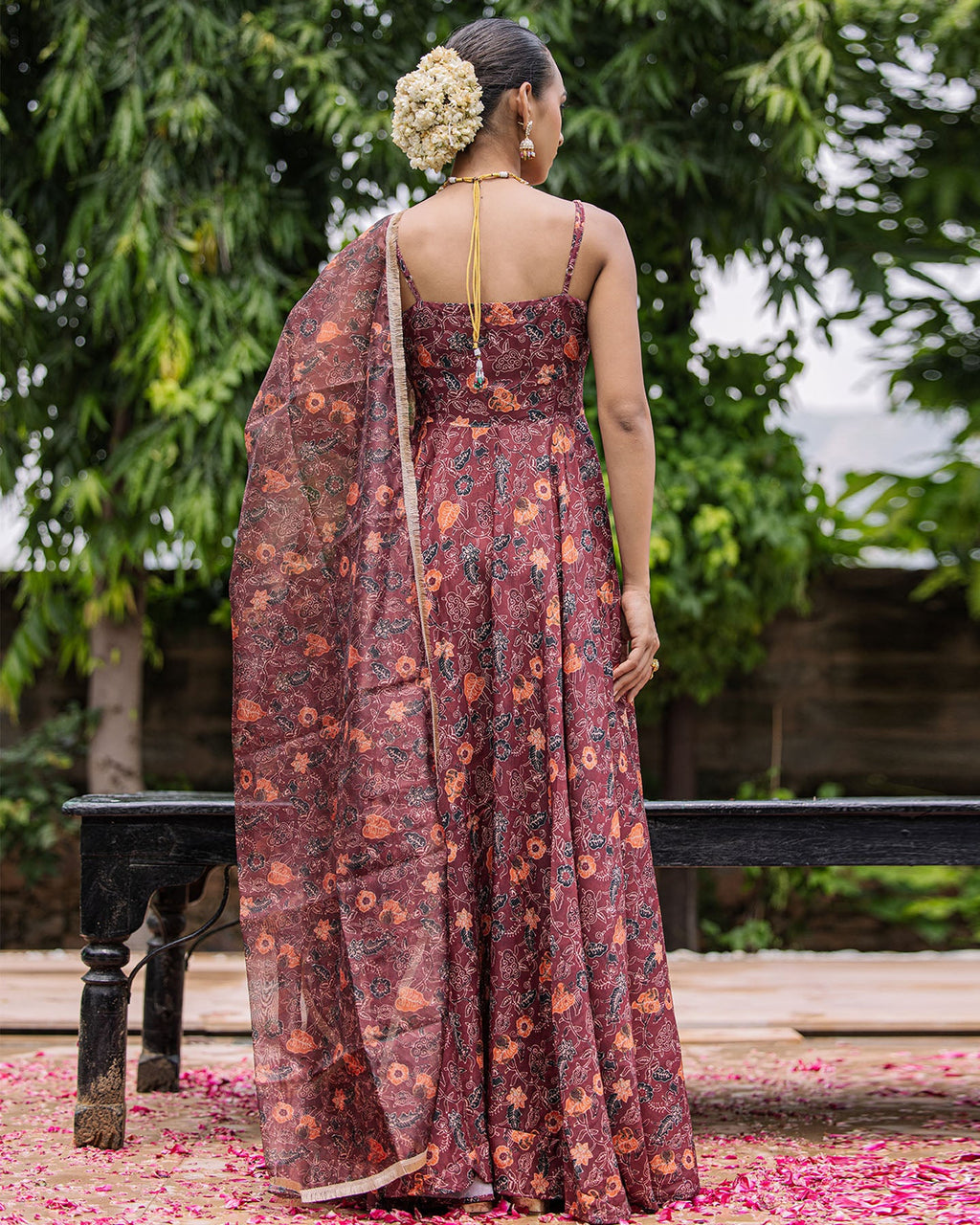 Brown Floral Muslin Suit Set