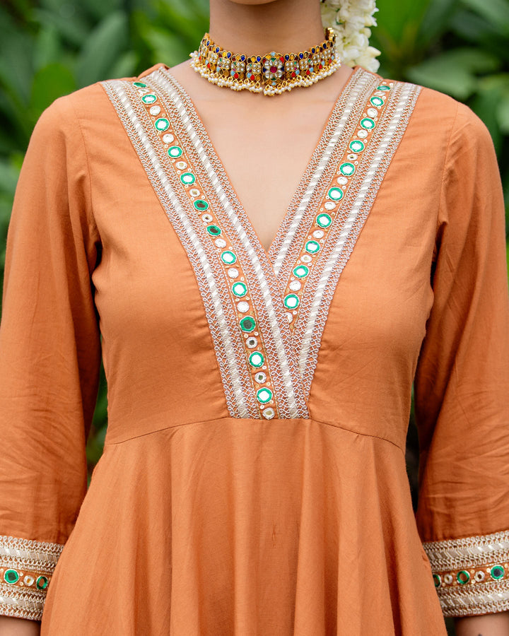 Rust Brown Mirror Work Kurta Set