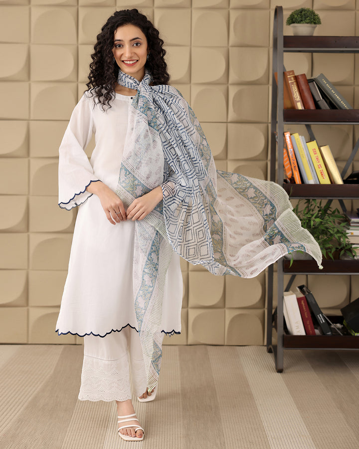 WHITE COTTON KURTA-DUPATTA SET