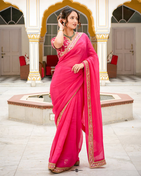 Stunning Pink Colour Saree With Navy Blue Mina & Heavy Brocade Blouse –  garment villa