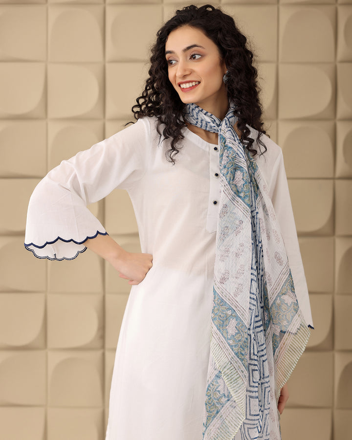 WHITE COTTON KURTA-DUPATTA SET