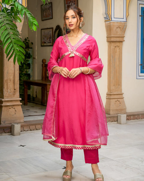 Pink Printed Chanderi Suit Set