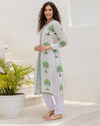 White Green Handblock kurta set