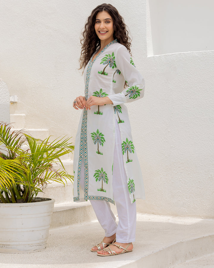 White Green Handblock kurta set