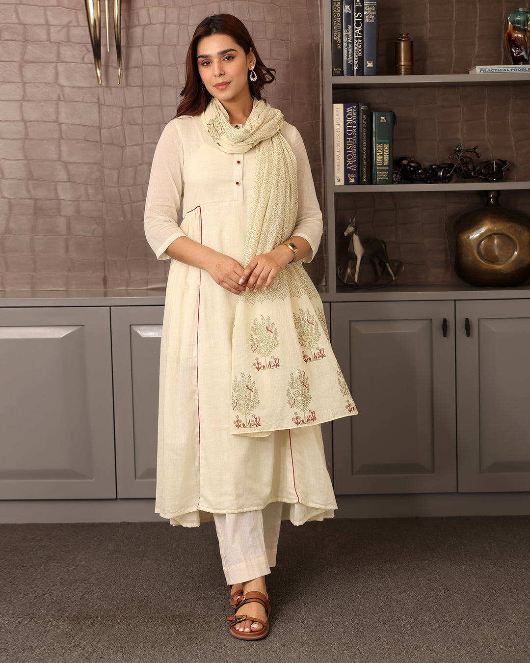 OFF-WHITE A-LINE KURTA-DUPATTA SET