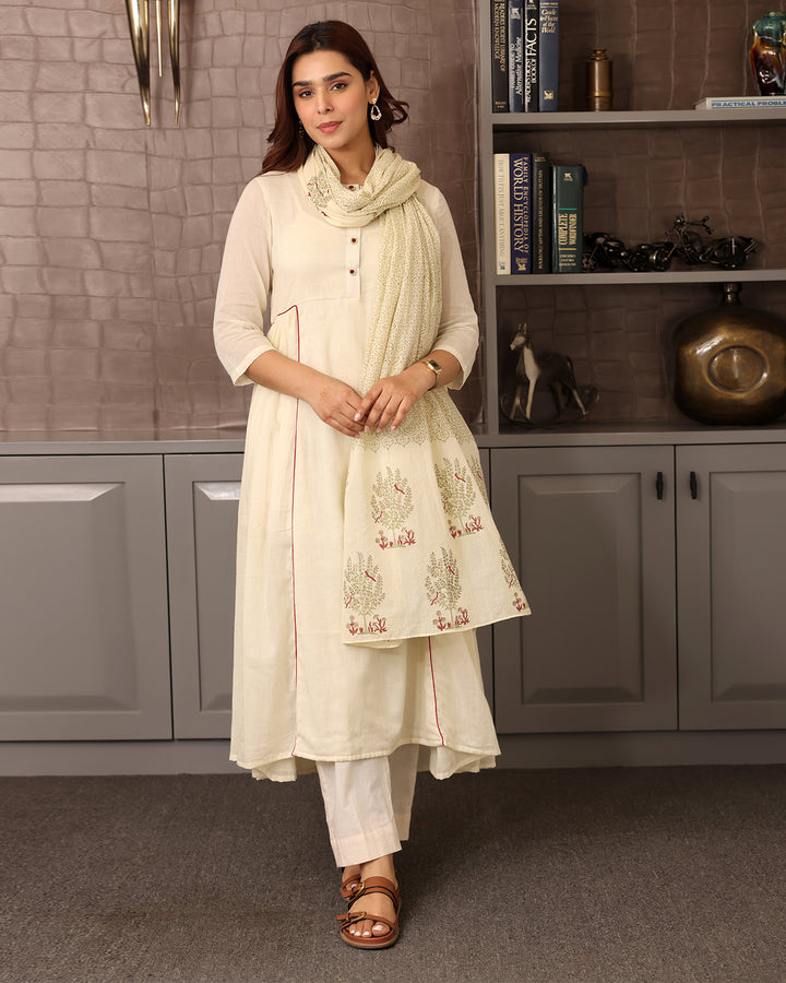 OFF-WHITE A-LINE KURTA-DUPATTA SET