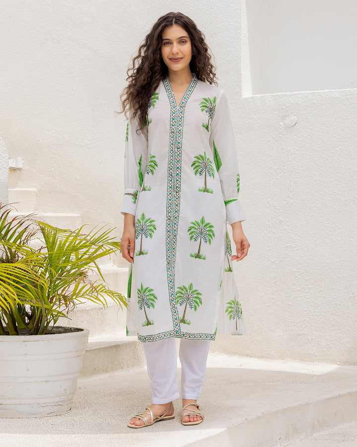 White Green Handblock kurta set