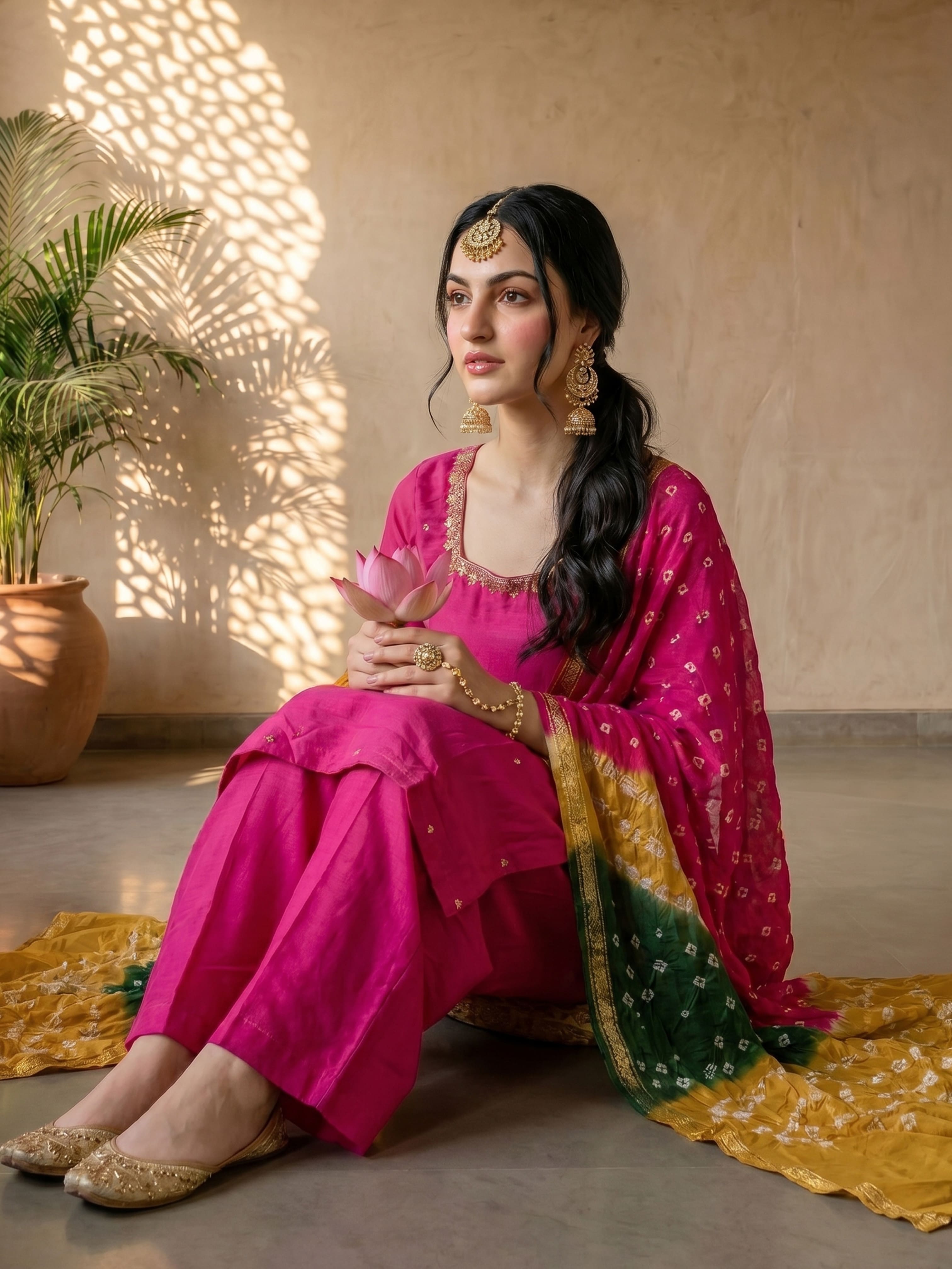 THE FUCHSIA BANDHANI BLOOM SUIT SET