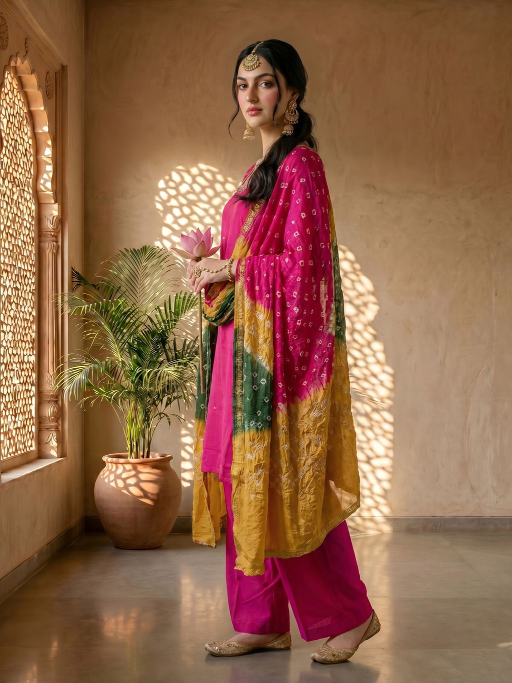 THE FUCHSIA BANDHANI BLOOM SUIT SET