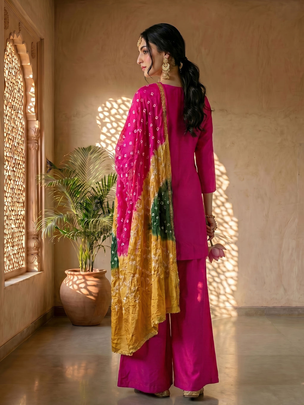 THE FUCHSIA BANDHANI BLOOM SUIT SET