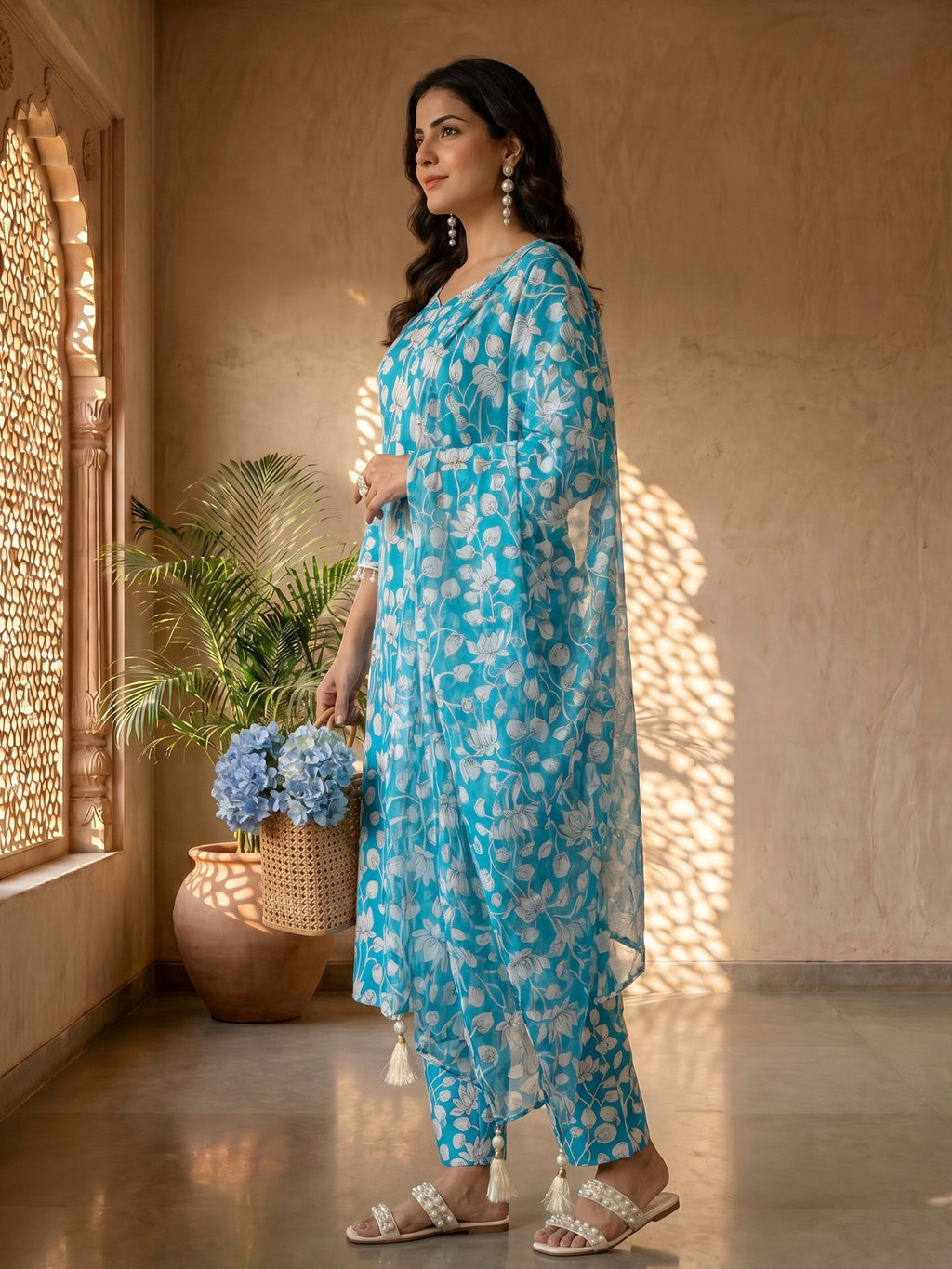 Turquoise Bloom Cotton Suit Set