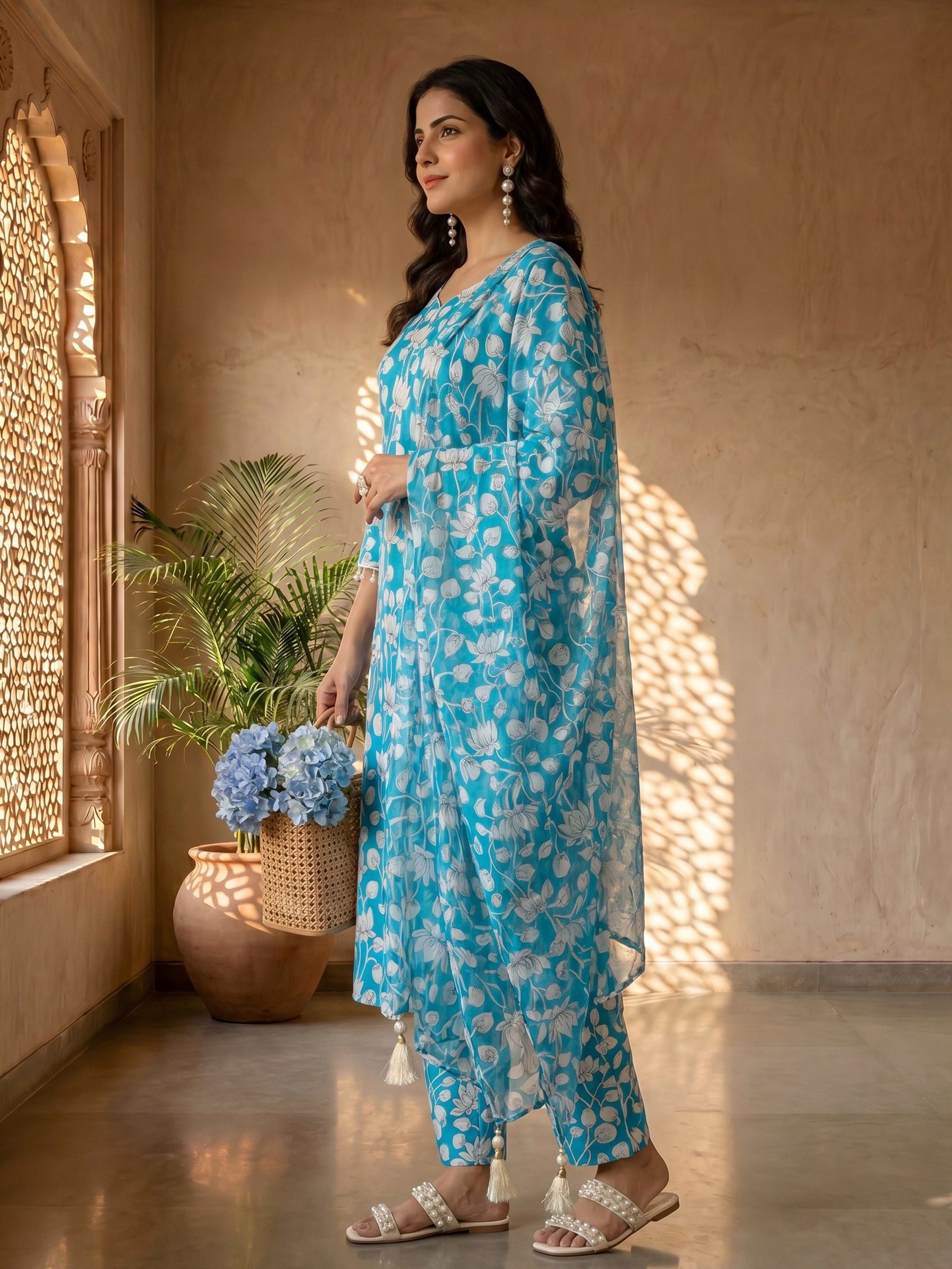 Turquoise Bloom Cotton Suit Set