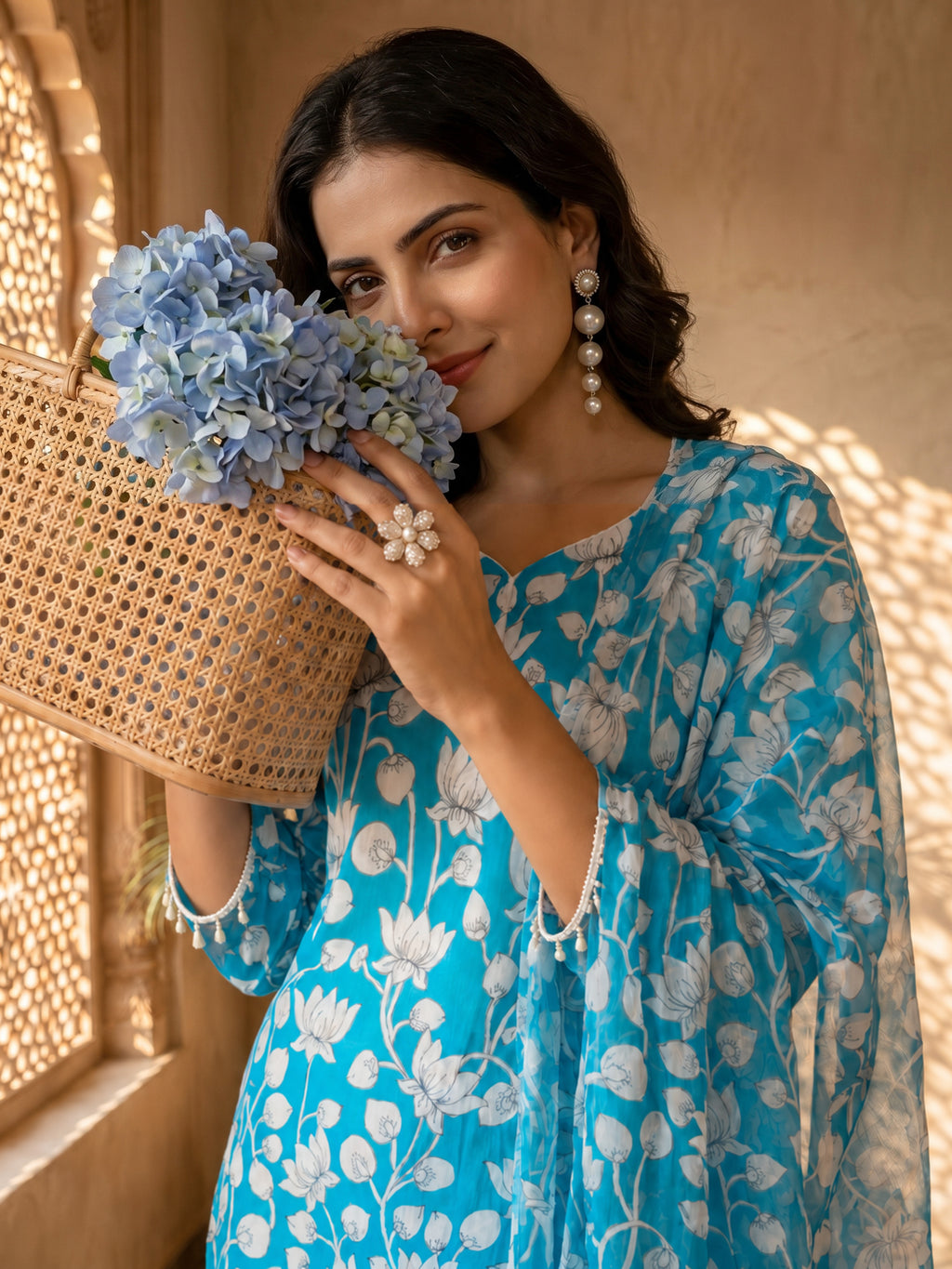 Turquoise Bloom Cotton Suit Set