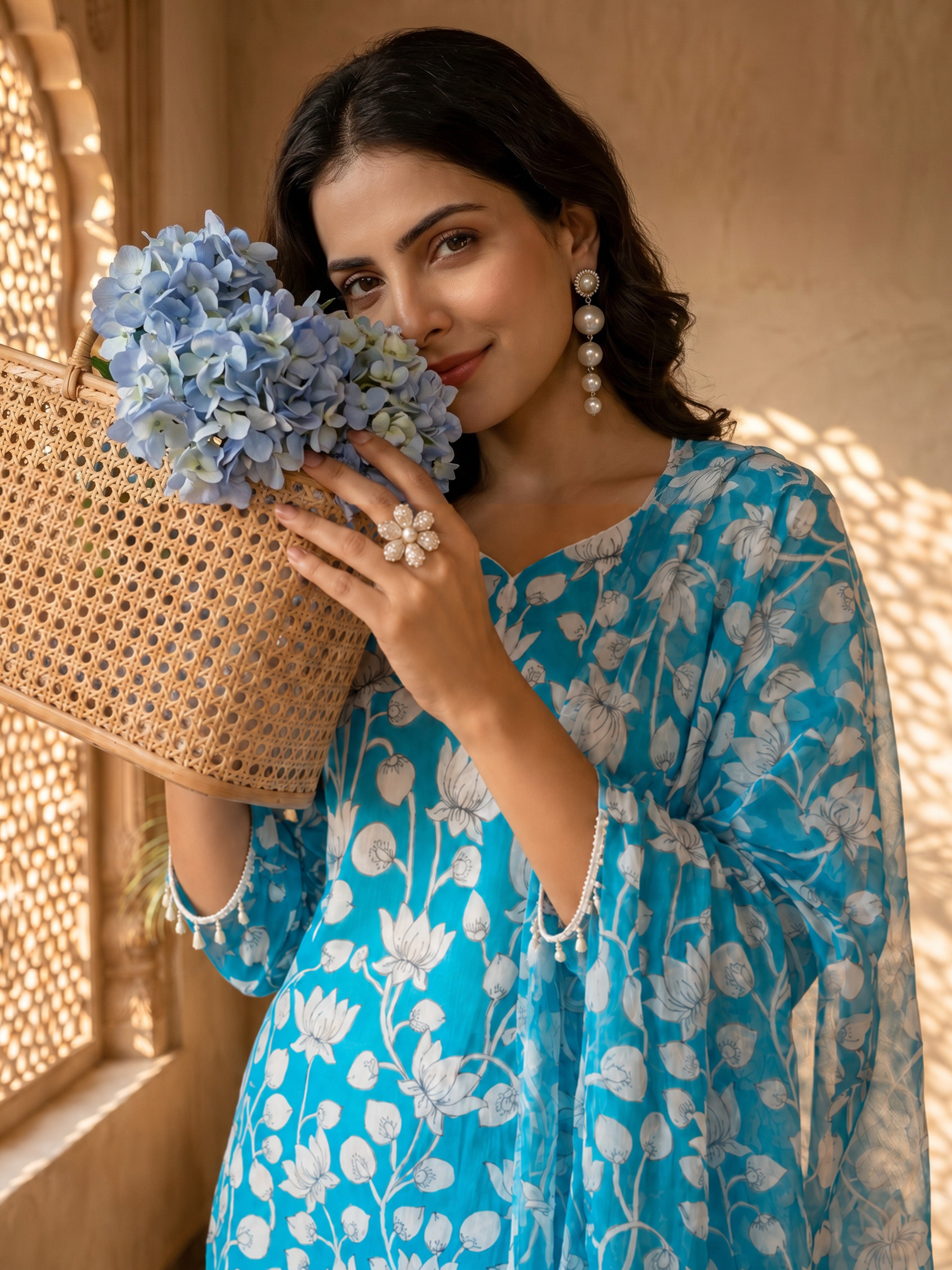 Turquoise Bloom Cotton Suit Set