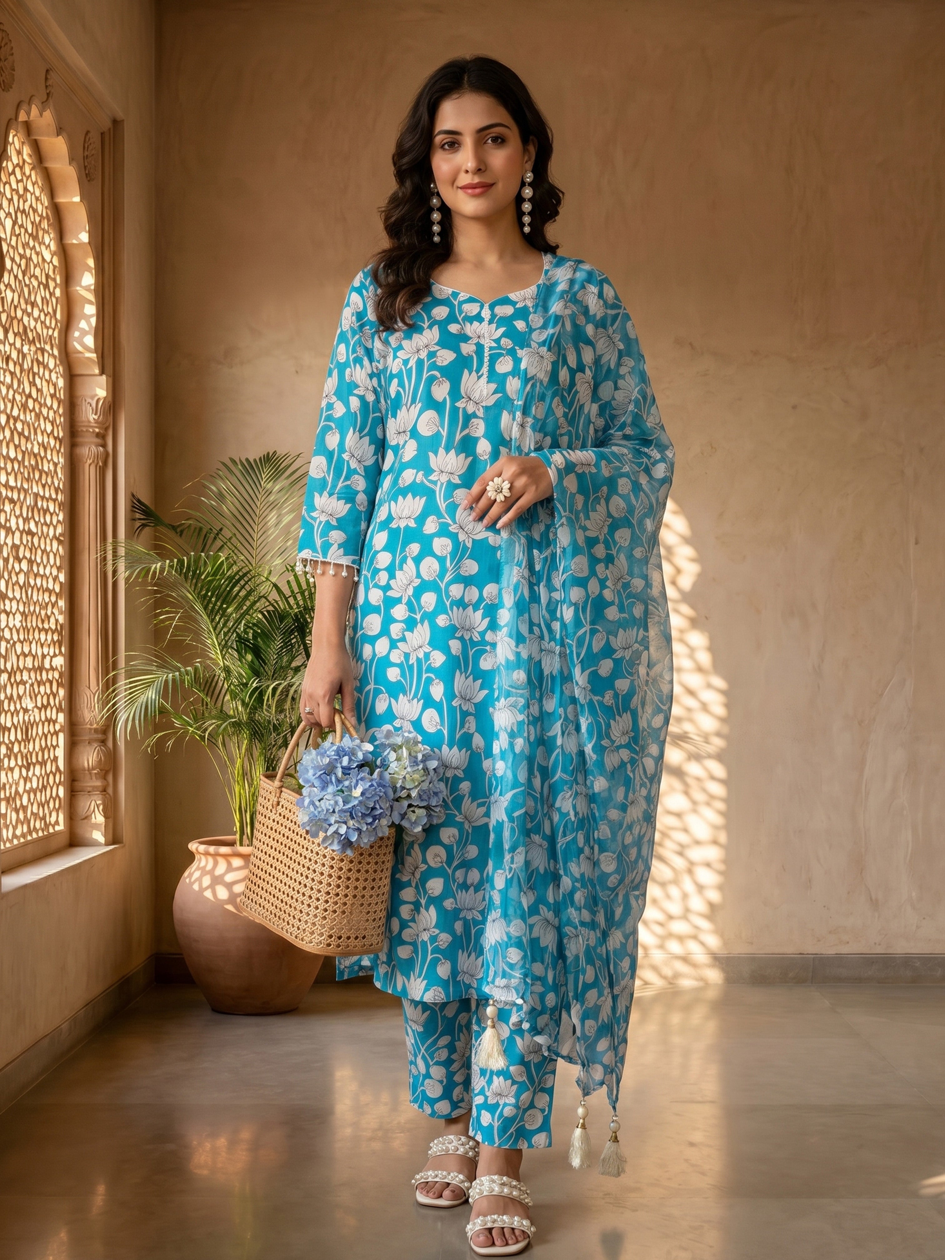 Turquoise Bloom Cotton Suit Set