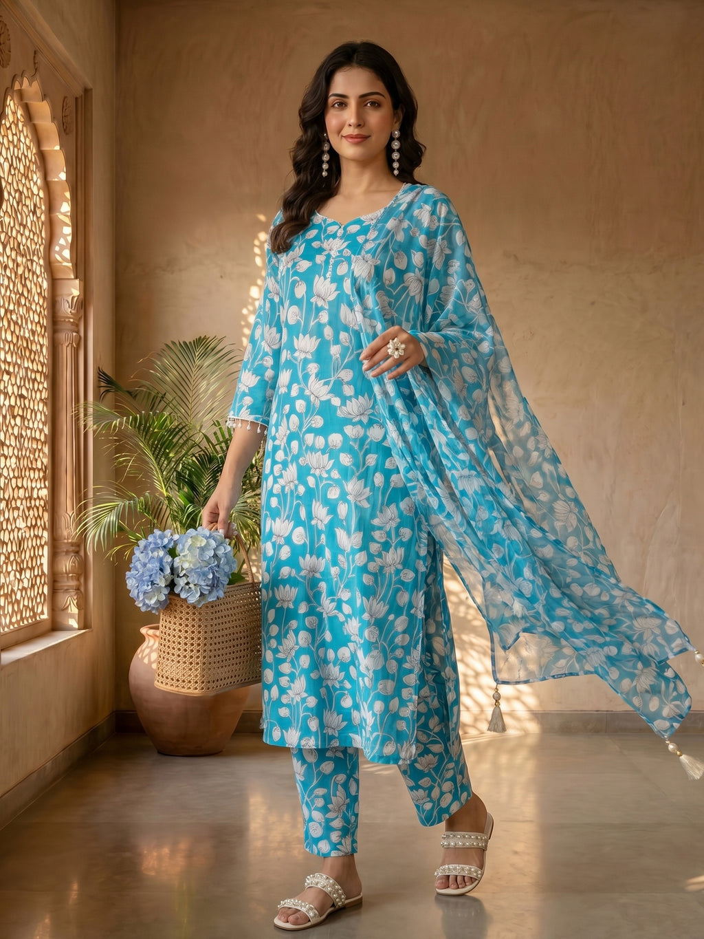 Turquoise Bloom Cotton Suit Set