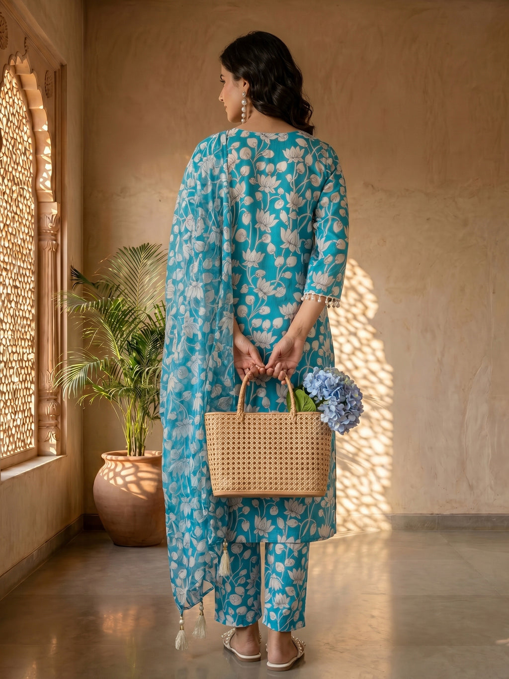 Turquoise Bloom Cotton Suit Set