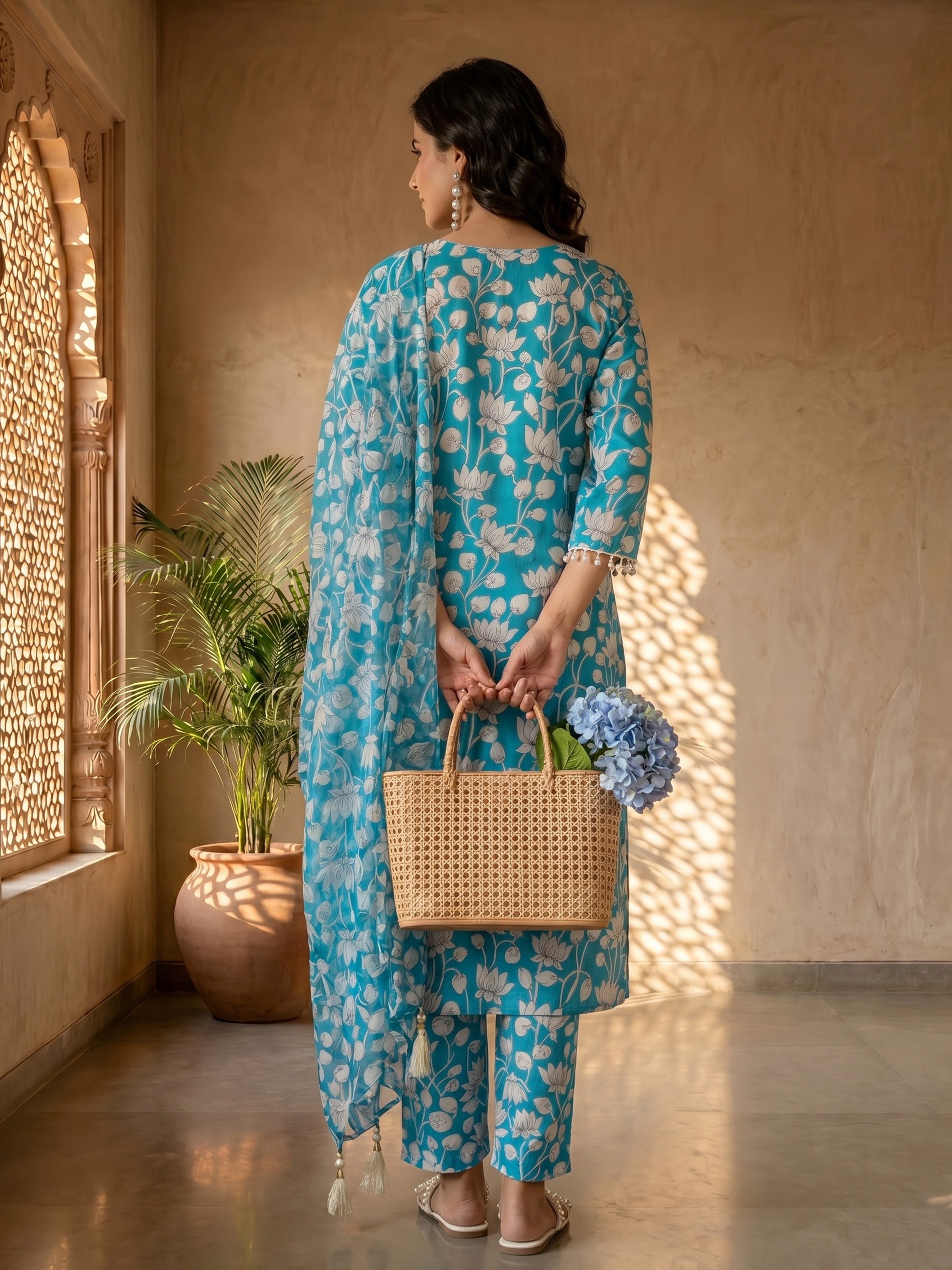 Turquoise Bloom Cotton Suit Set