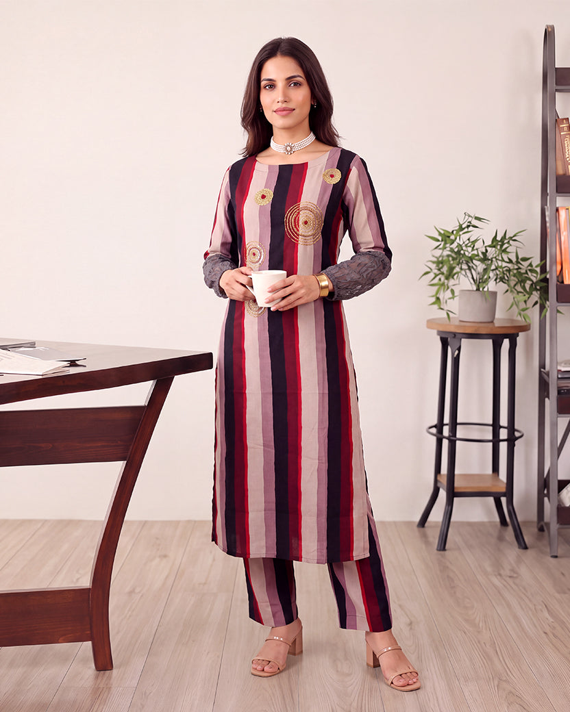 STRIPED BROWN KURTA SET