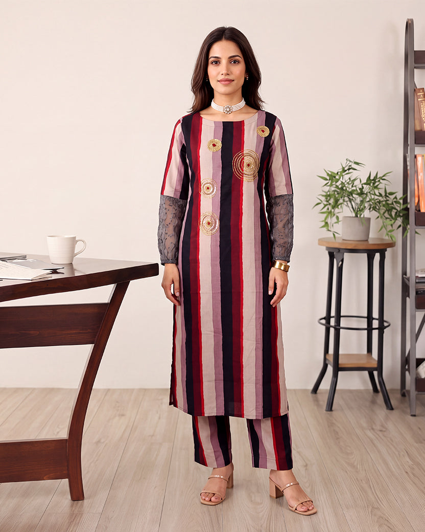 STRIPED BROWN KURTA SET