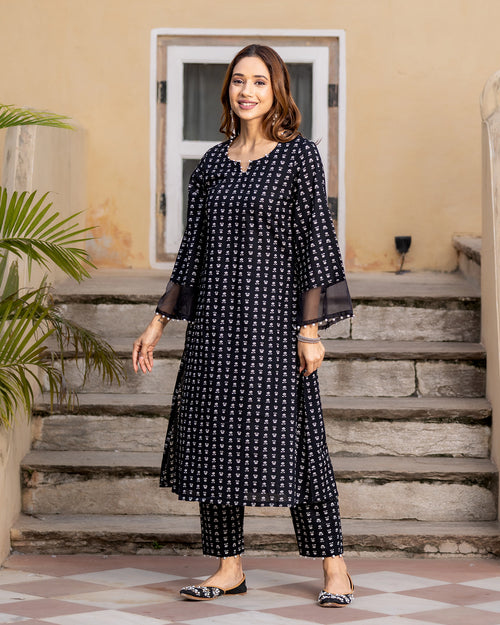 Black Printed Cotton Kurta Set