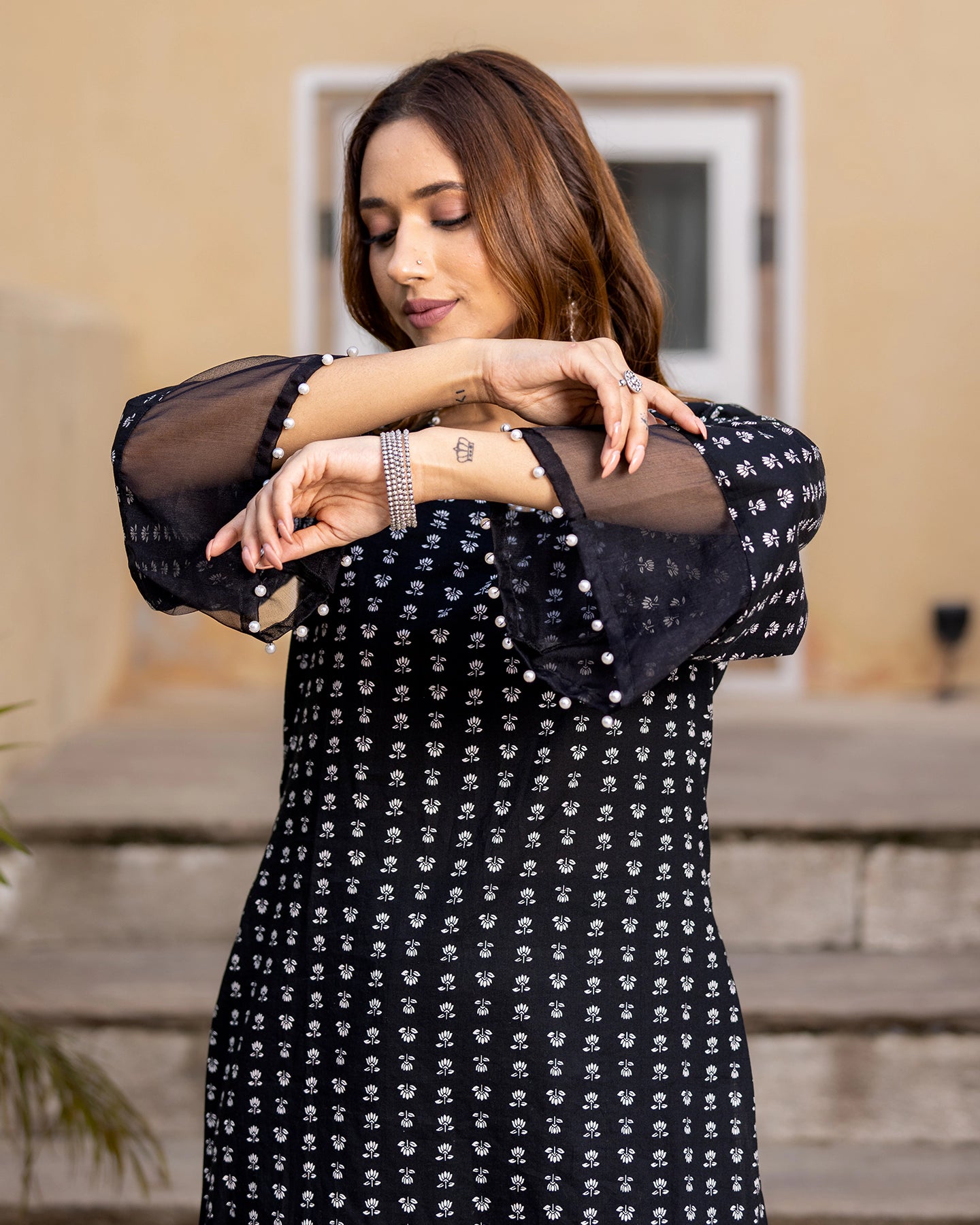 Black Printed Cotton Kurta Set