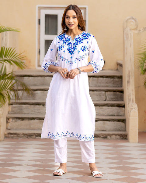 Buy White Aari Work Kurta Set online in India | Ambraee