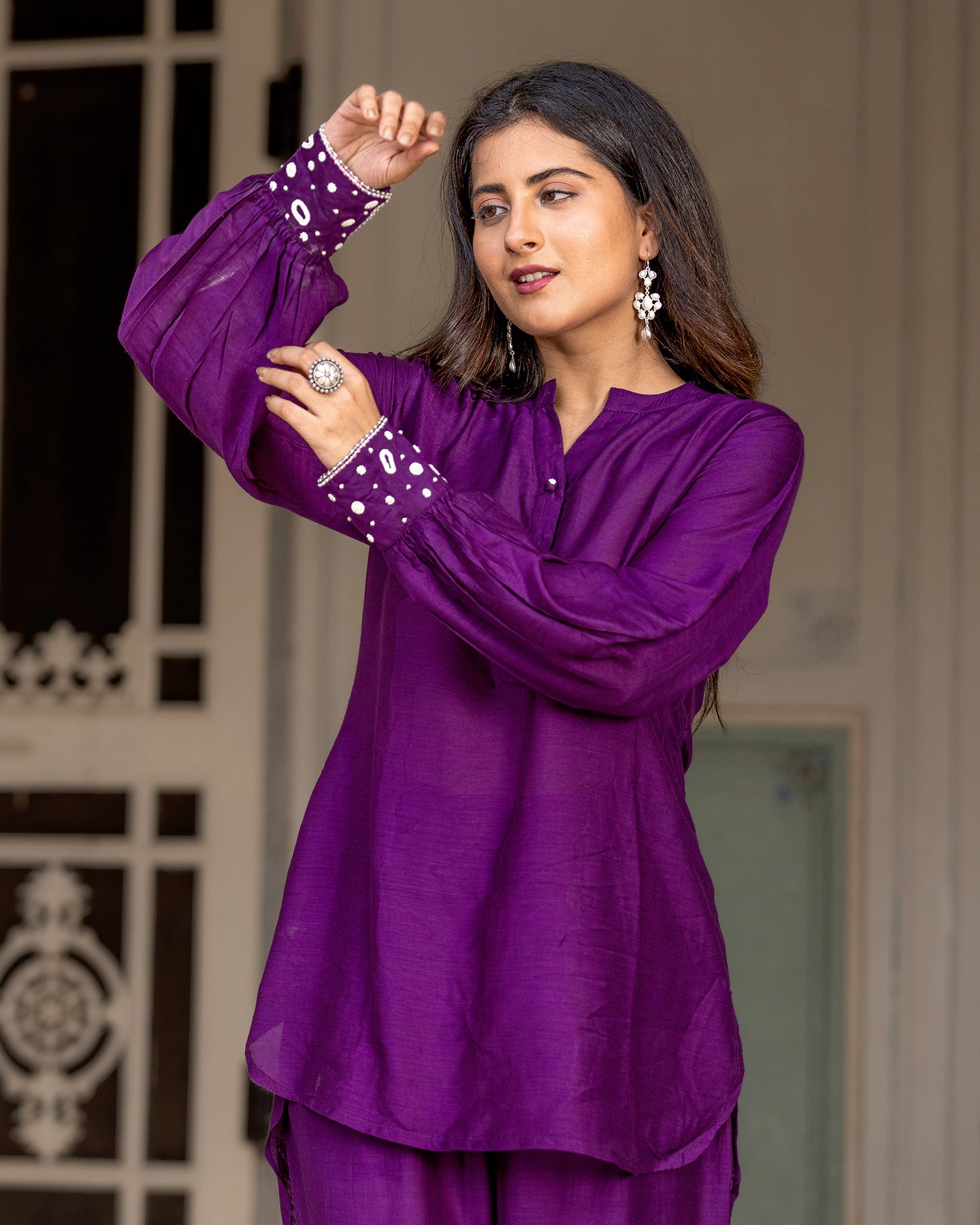 Purple Embroidered Silk Kurta Set