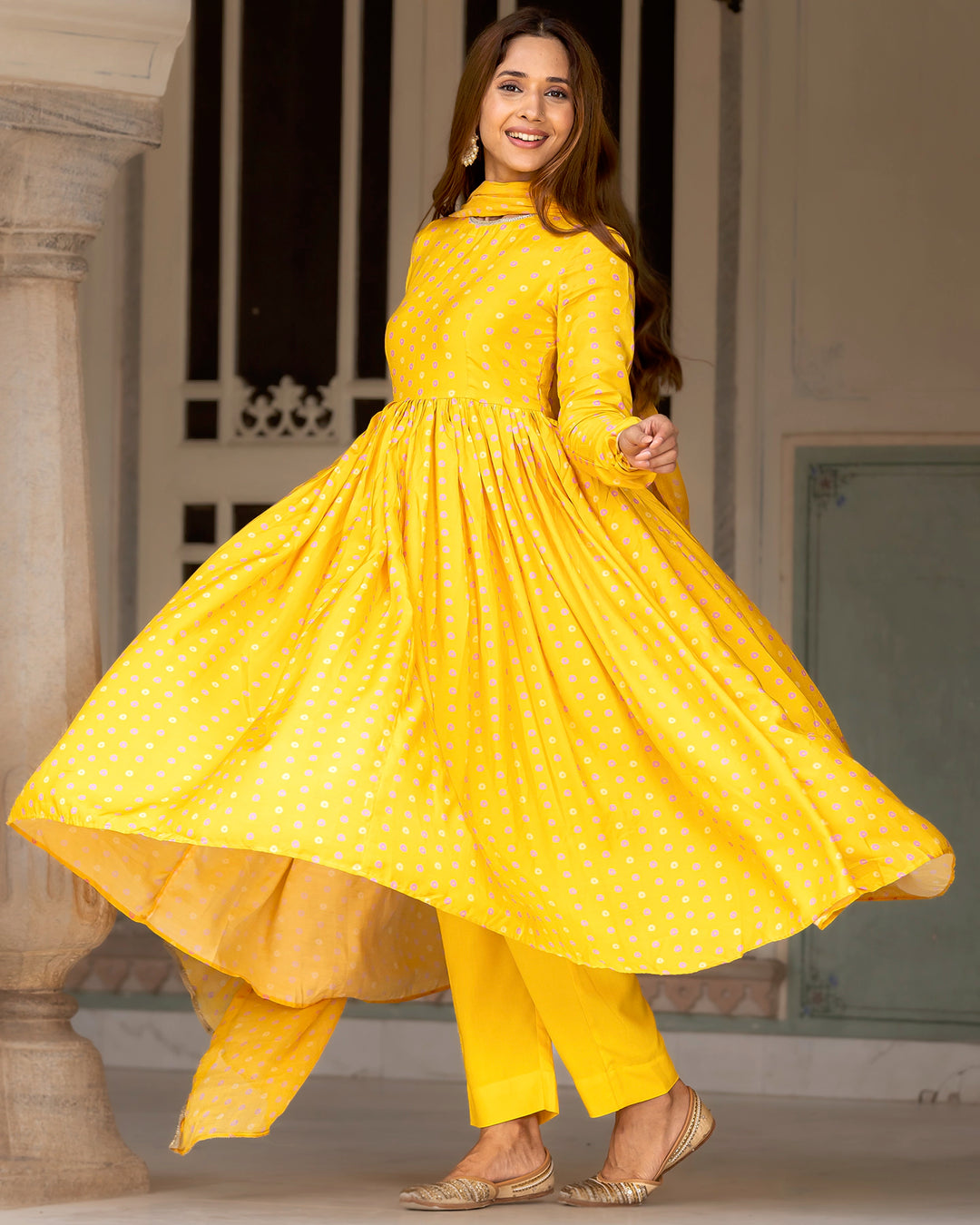 Yellow Bandhej Anarkali Suit Set