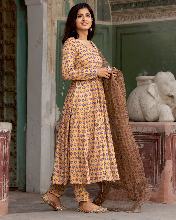 Mustard Printed Anarkali Suit Set