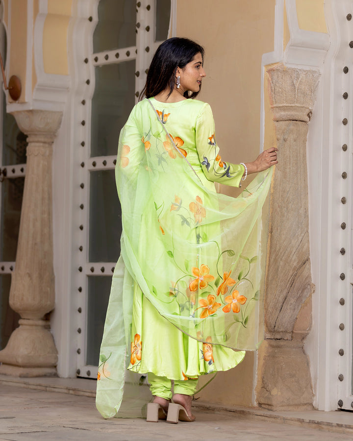 Green Handpainted Anarkali Suit Set
