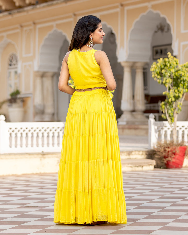 Yellow Crop-top & Tiered Skirt Set
