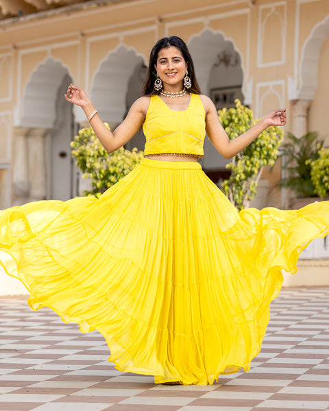 Buy Yellow Crop top Tiered Skirt Set online in India