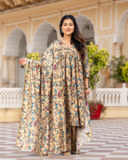 Beige Kalamkari High-Slit Suit Set