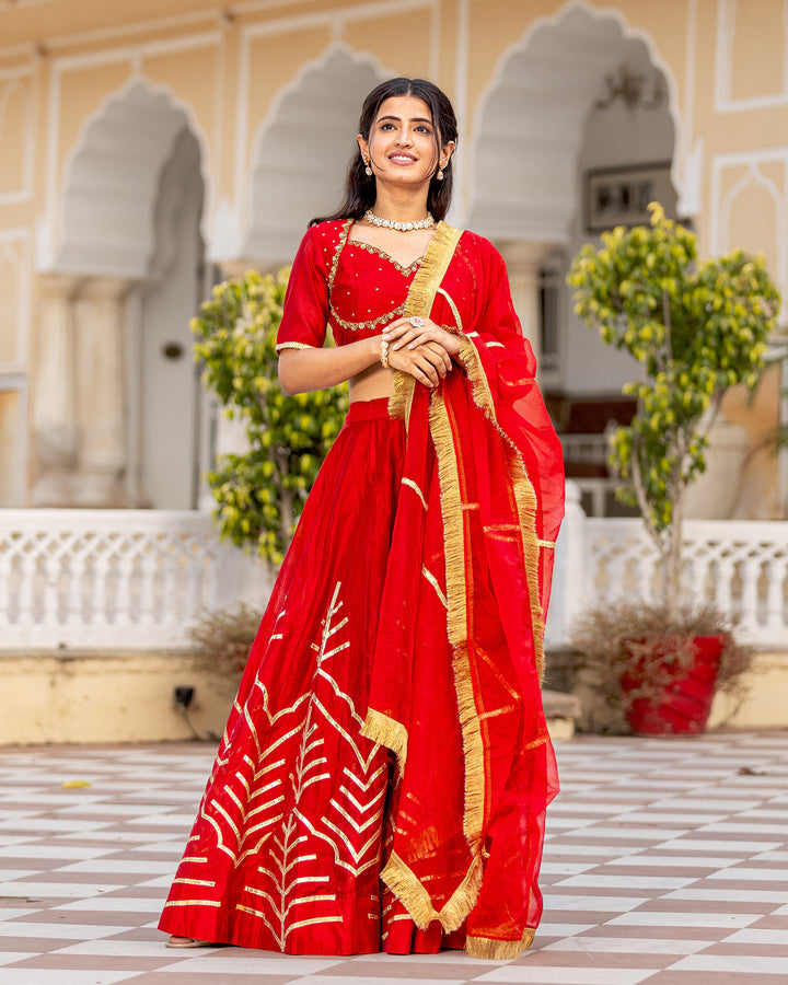 Red Gota-Gilded Lehenga Set