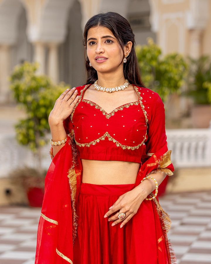 Red Gota-Gilded Lehenga Set