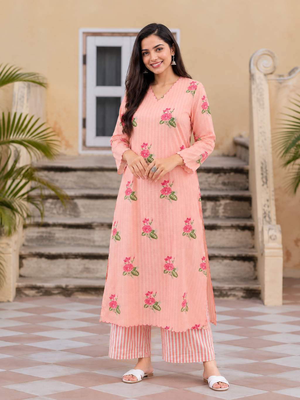 PEACH FLORAL PRINTED KURTA SET
