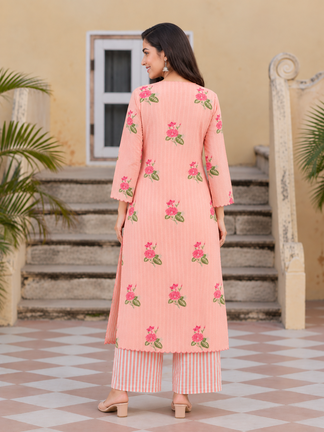 PEACH FLORAL PRINTED KURTA SET