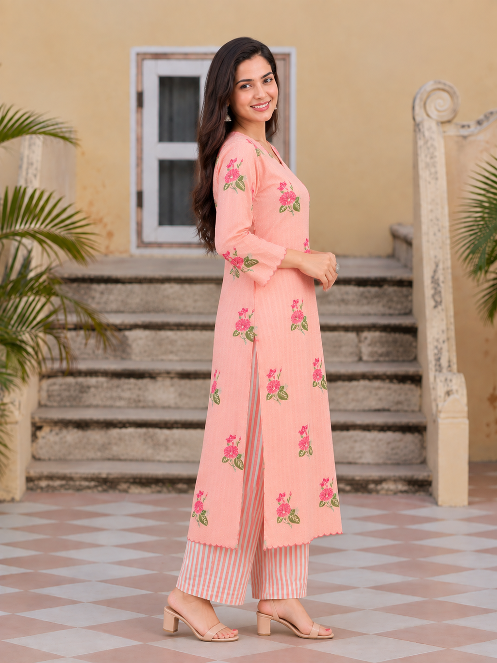 PEACH FLORAL PRINTED KURTA SET